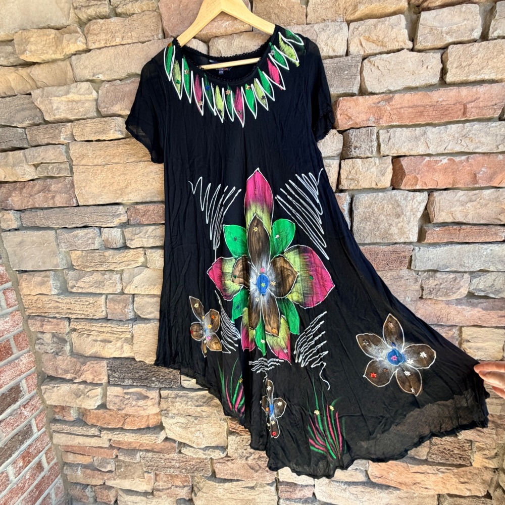 Riviera Sun OS HandPainted Floral Sharkbite Crochet Tunic Dress Boho Artsy Beach